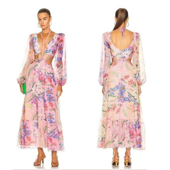 $795 Patbo Iris Pink Floral Chiffon Long Sleeve Halter Neck Plunge Dress…